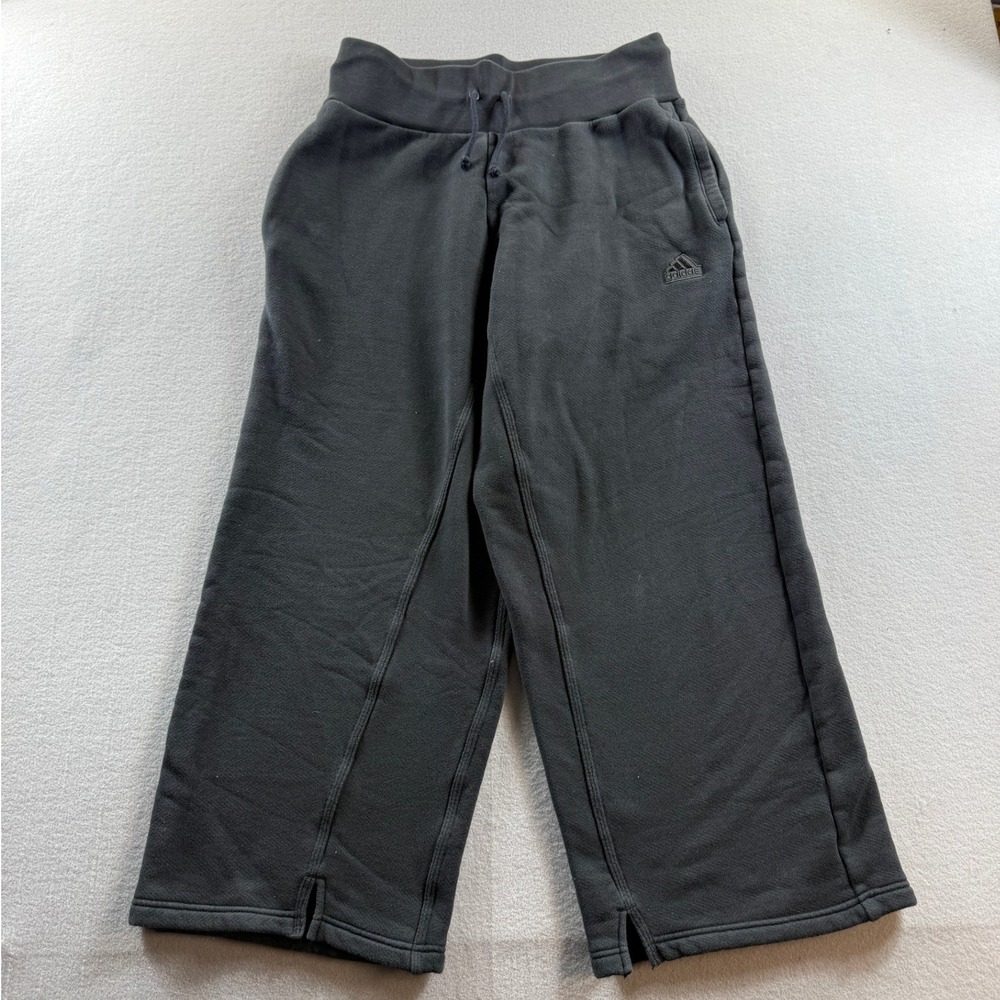 Adidas Sweatpants Womens Large Black Wide Leg Cropped Fleece Lined Drawstring